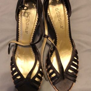 BCBGirls strappy platform heels in dk brown fabric